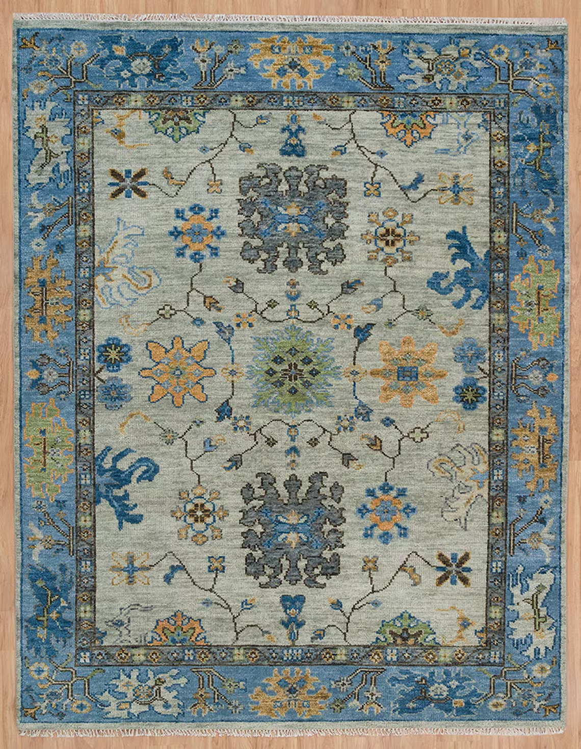 Oushak Rug In Ocean Gray and Blue, Area Rug In Green Gold Accents, Hand-knotted