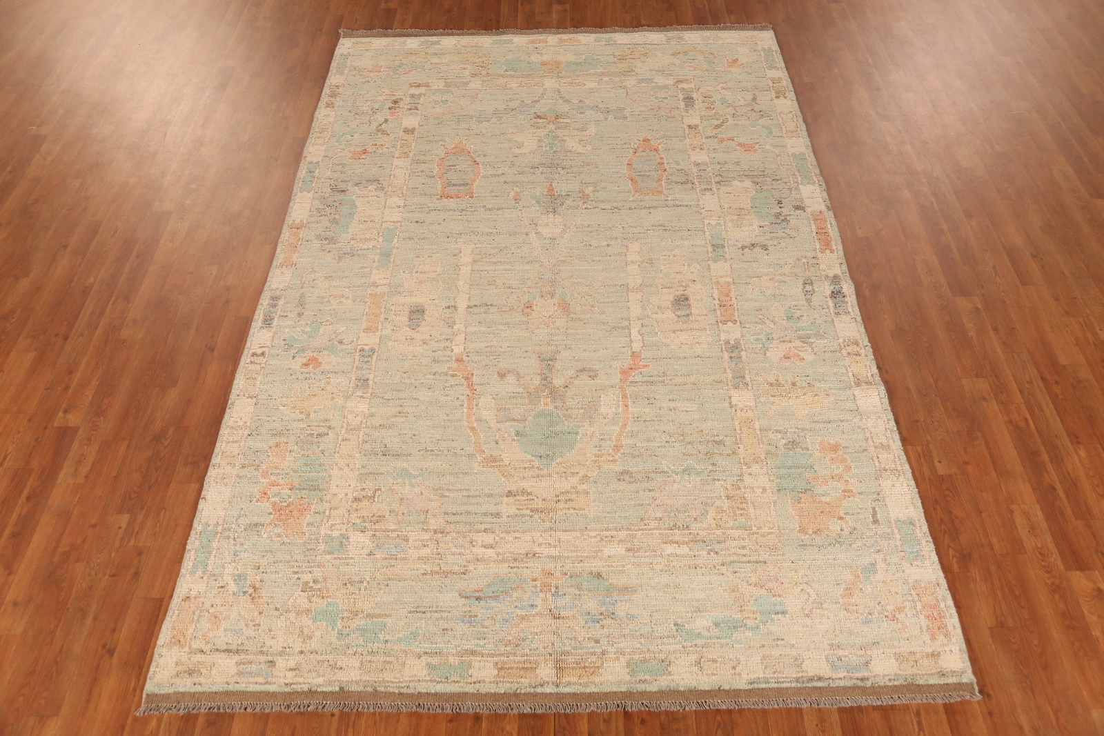 Vegetable Dye Traditional Oushak Turkish Area Rug Hand-Knotted Green 7×10 ft