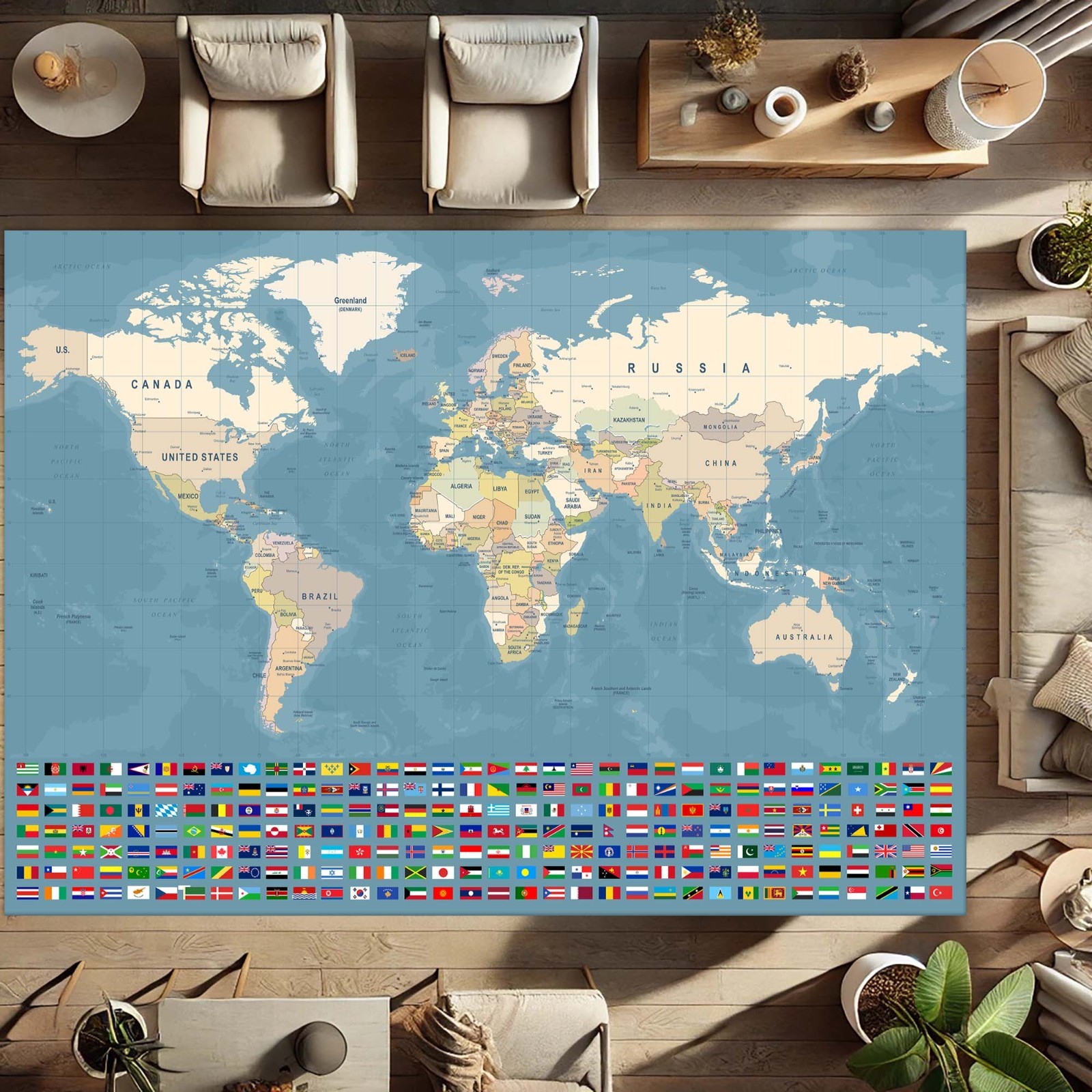 World Map With Flags, Educational Geography Kids Learning Carpet