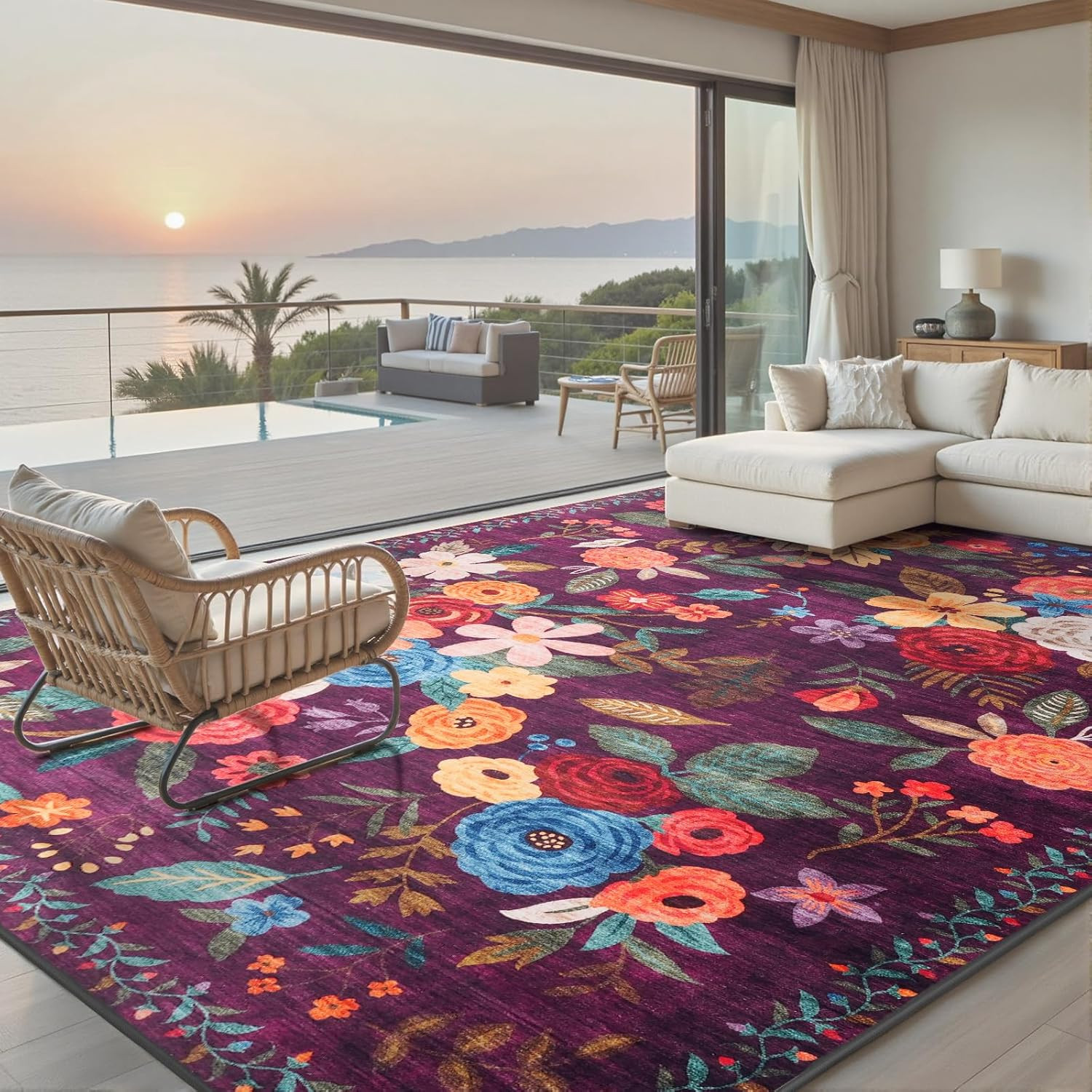 Area Rug 10X14 for Living Room, Non Slip Machine Washable Floral Rug, Low Pile L