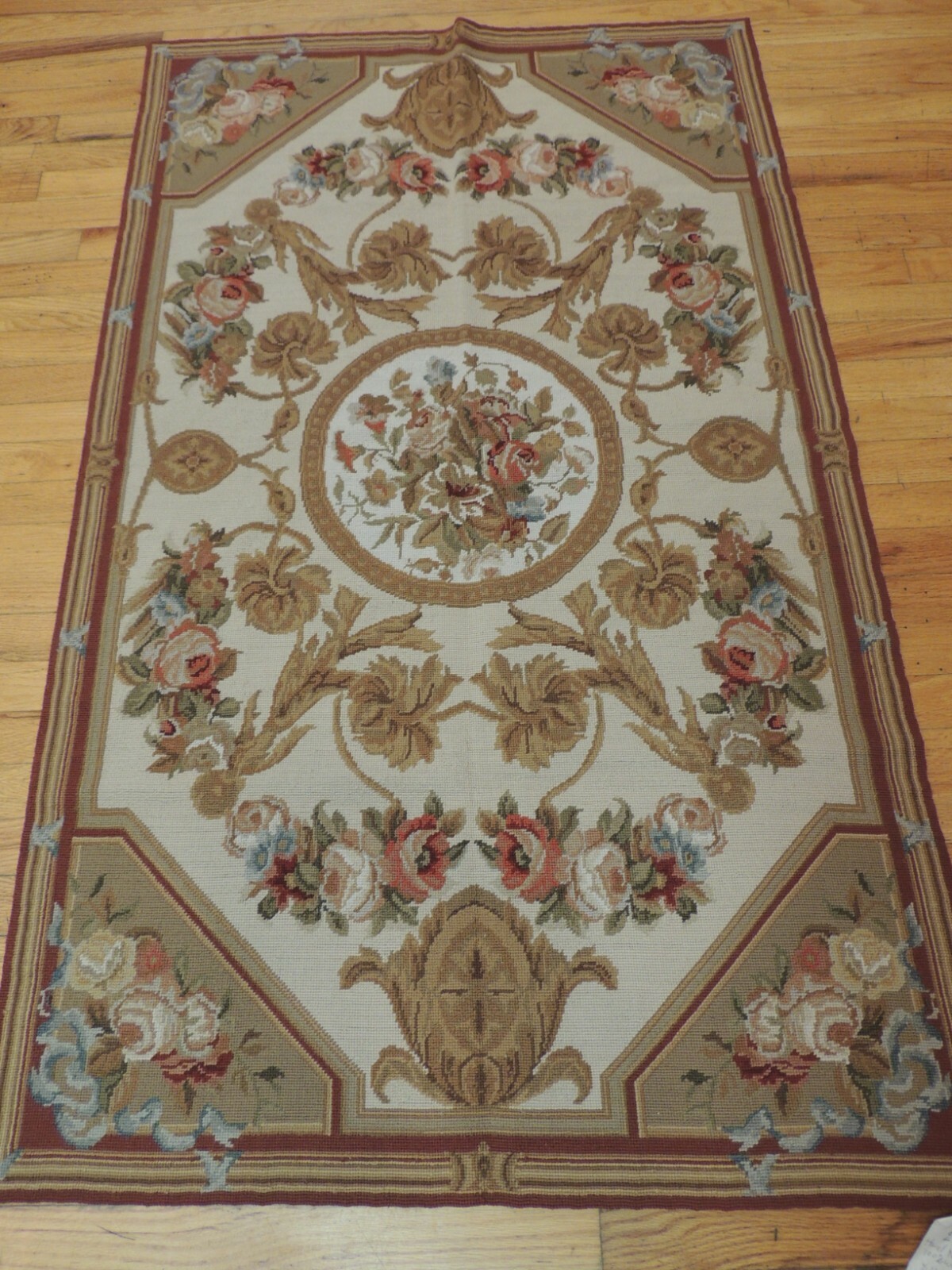 3×5 French Aubusson Needlepoint Area Rug Floral Beige Gold Blue Rust wool
