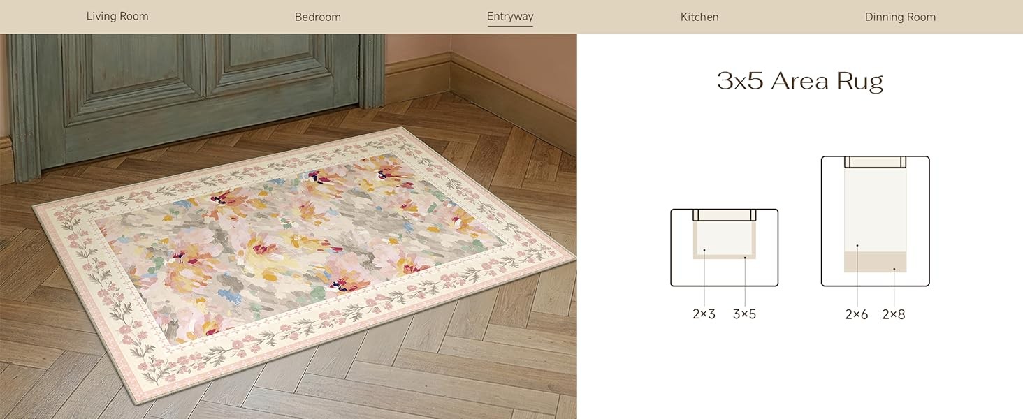 2×3 Washable Area Rug for Entryway Beige Pink Floral Abstract Soft Throw Rug