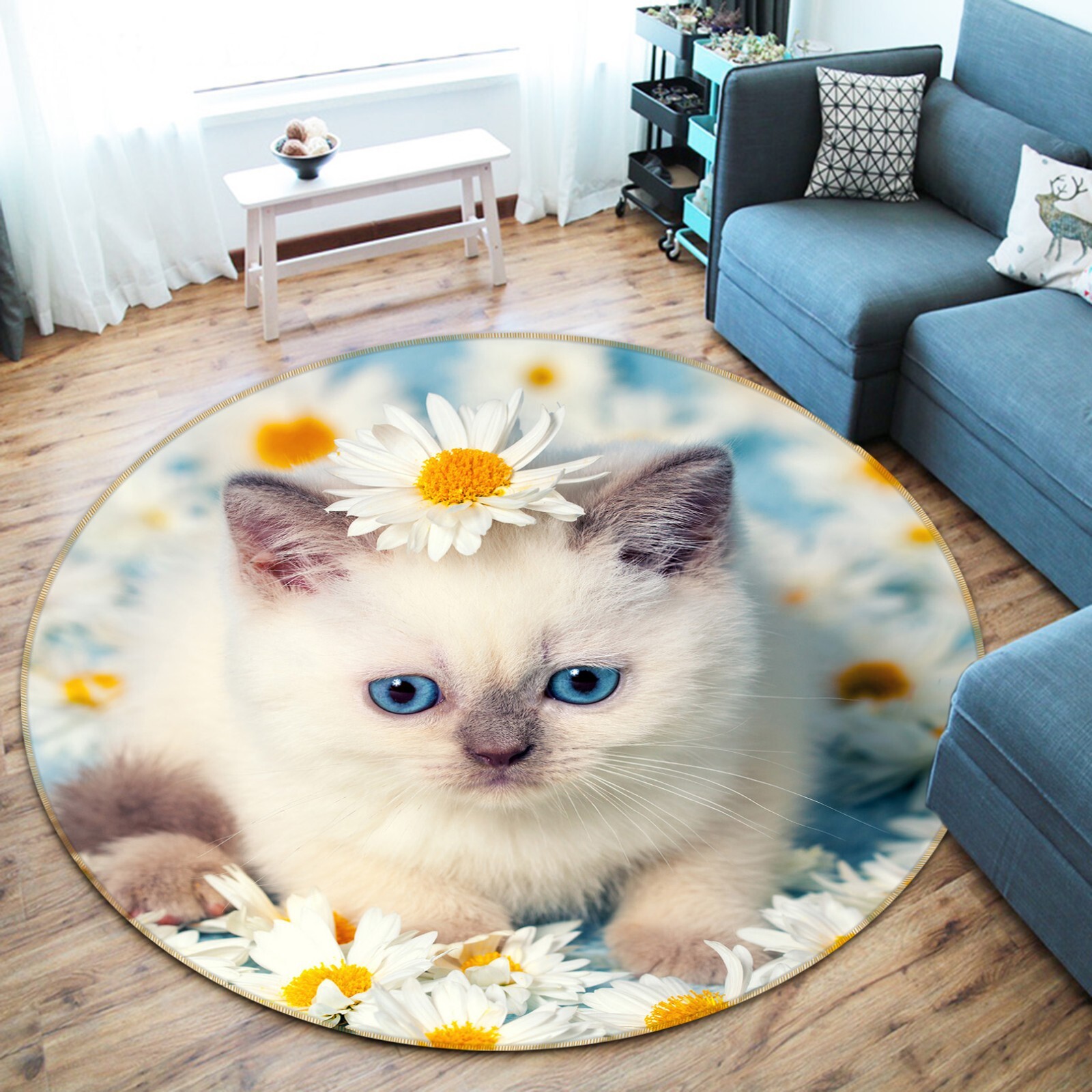 3D Blue Eyes Cat Petals ZHUA236 Game Non Slip Rug Mat Photo Carpet Amy