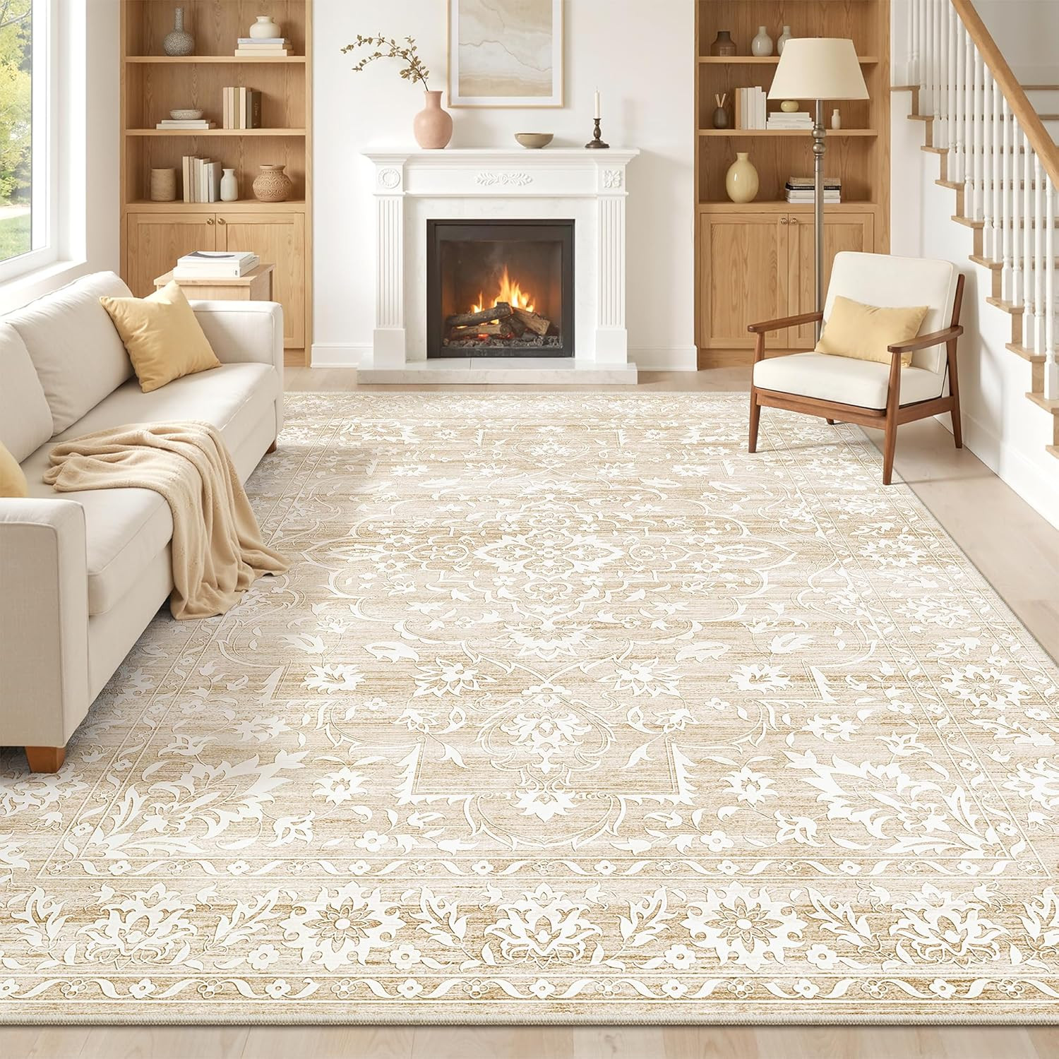 8X10 Area Rugs for Living Room, Washable Neutral Soft Rug Beige | Vintage Floral