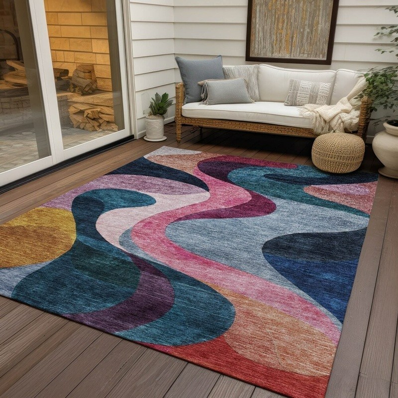 Blue Area Rug Colorful Wave Design Multicolor Floor Accent Carpet Door In Out