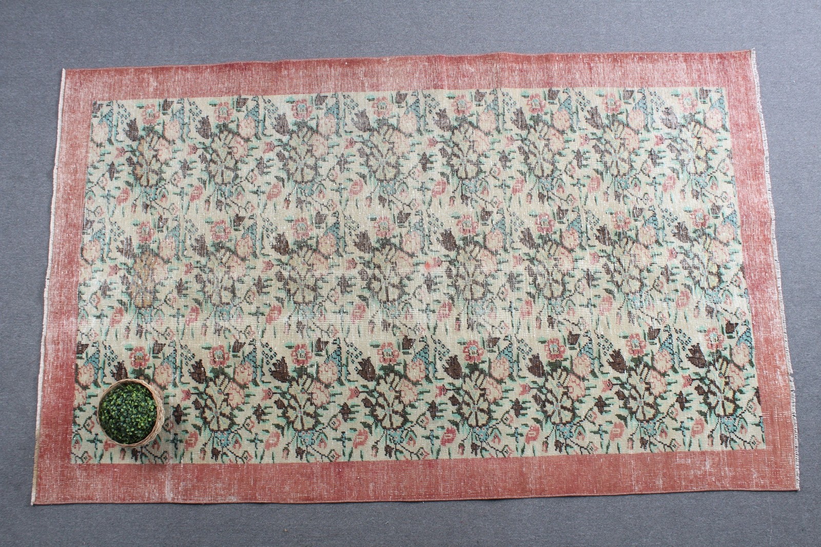 Turkish Vintage Rug 5×9 ft (152×274 cm), Green Red floral geometric Rug
