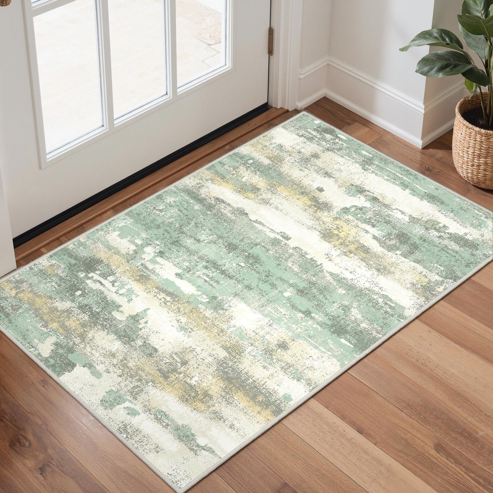 2×3 Rugs Entryway Washable Bathroom Kitchen Non Slip Modern Abstract Green
