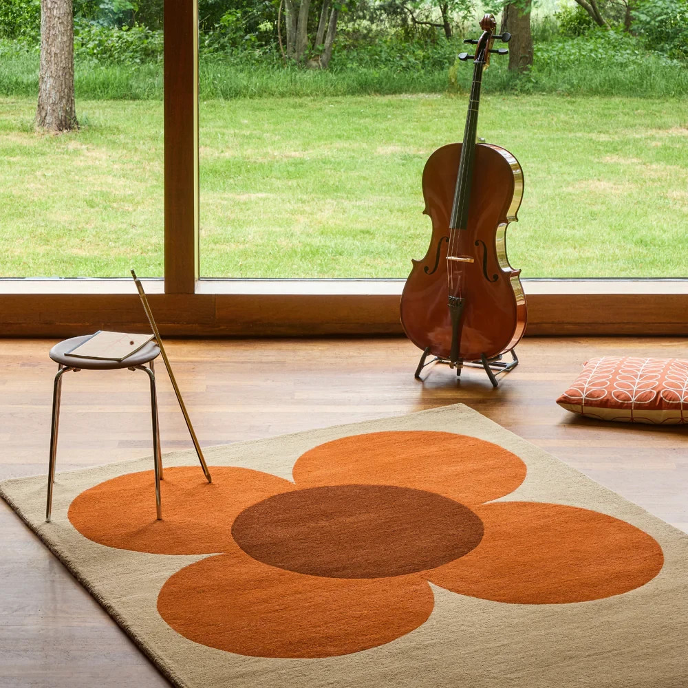 Flower Placement Rug Pumpkin Ecru 100% Wool Hand Tufted Area rug for living room