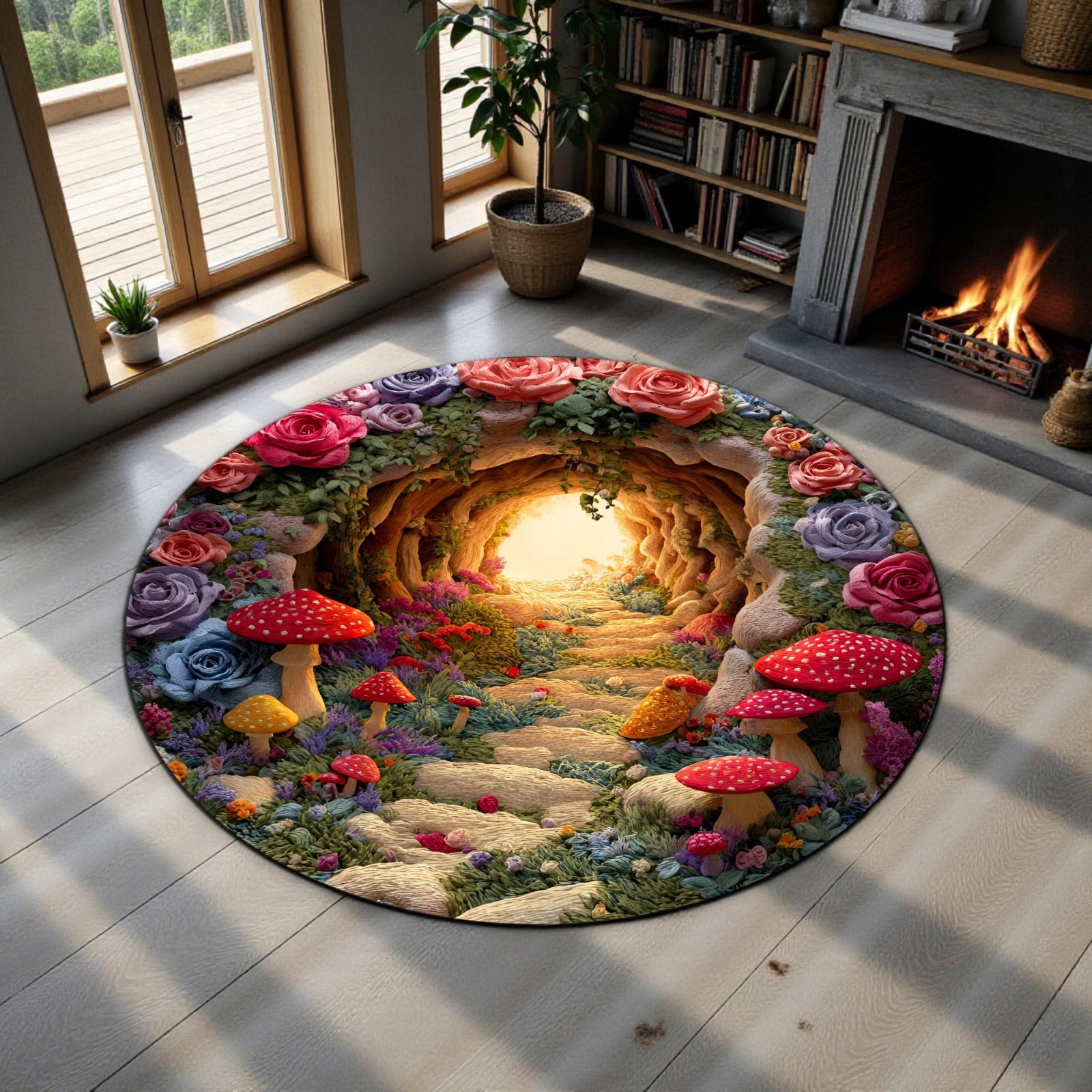 Printed 3D Mushroom Round Rug Forest Fairy Garden Floral Carpet Cozy Decor Gift