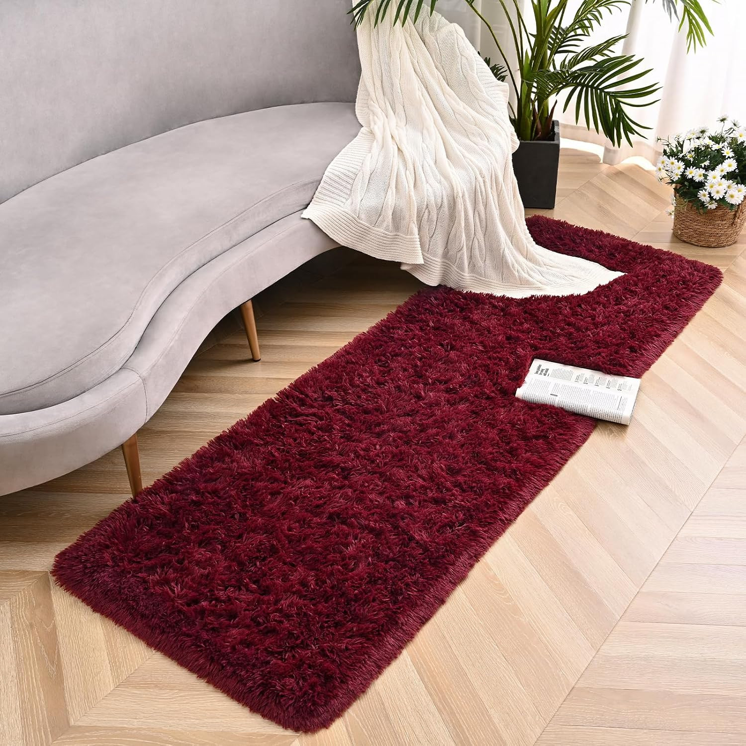 Burgundy Red Runner Area Rugs for Bedroom Living Room, 2X4 Feet Fluffy Bedside