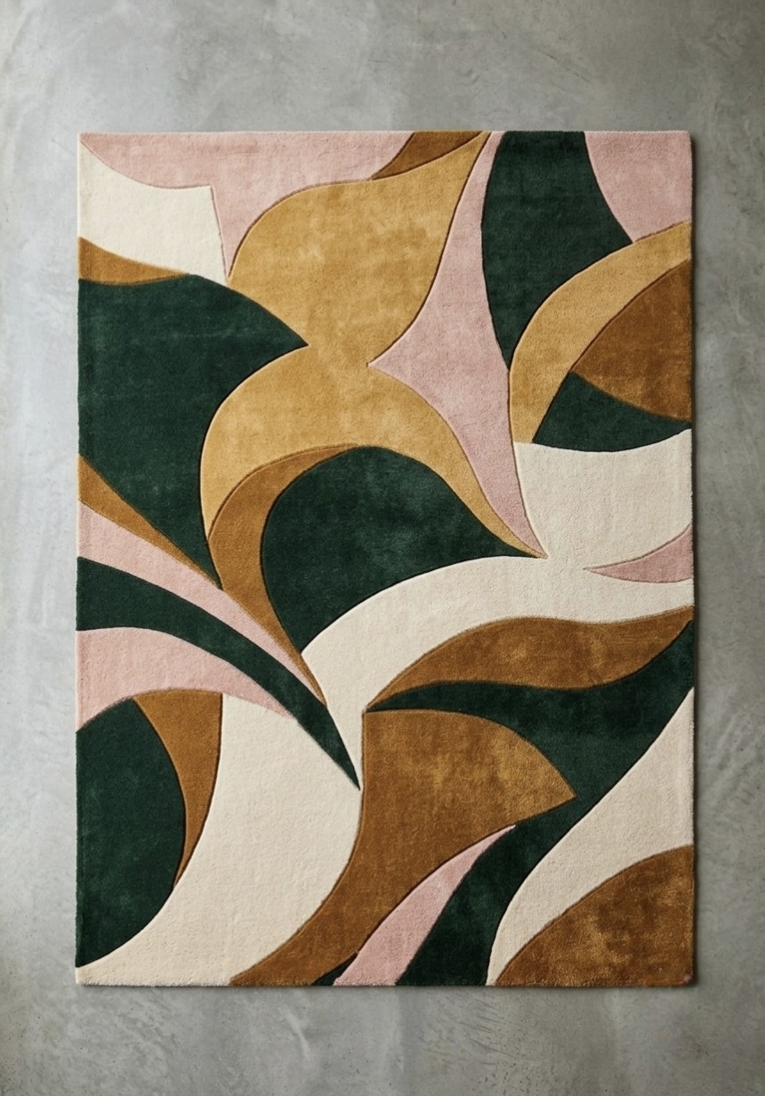 Abstract Modern Hand Tufted Wool Area Rug Green Gold Pink Contemporary Decor