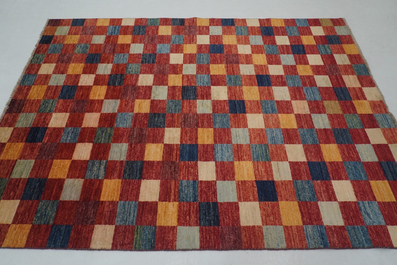 6×8 ft Red Checkered Afghan Hand Knotted Wool Area Rug