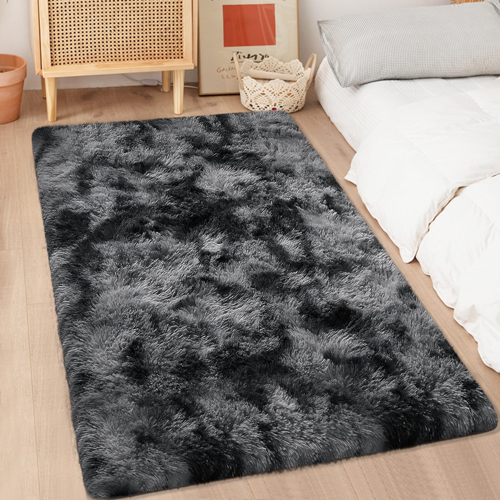 3×5 Dark Grey and Black Shaggy Rug for Bedroom Living Room Soft Fuffly Shag C…