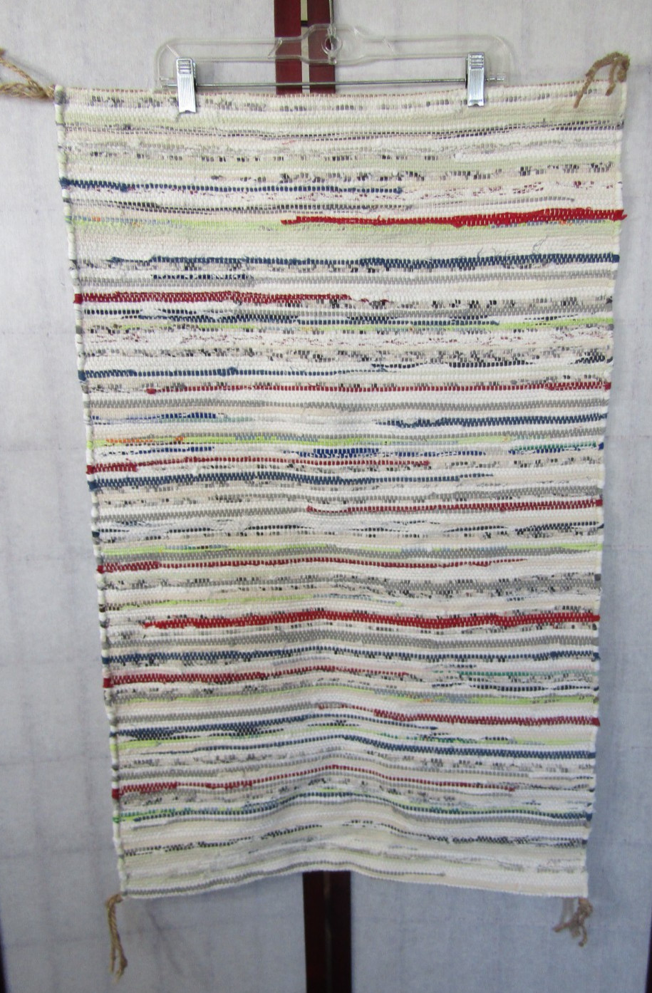 Boho Stripe Rag Rug – 35.5″ x 22.5″ Ivory & Multi-colors Rope Knot Ends