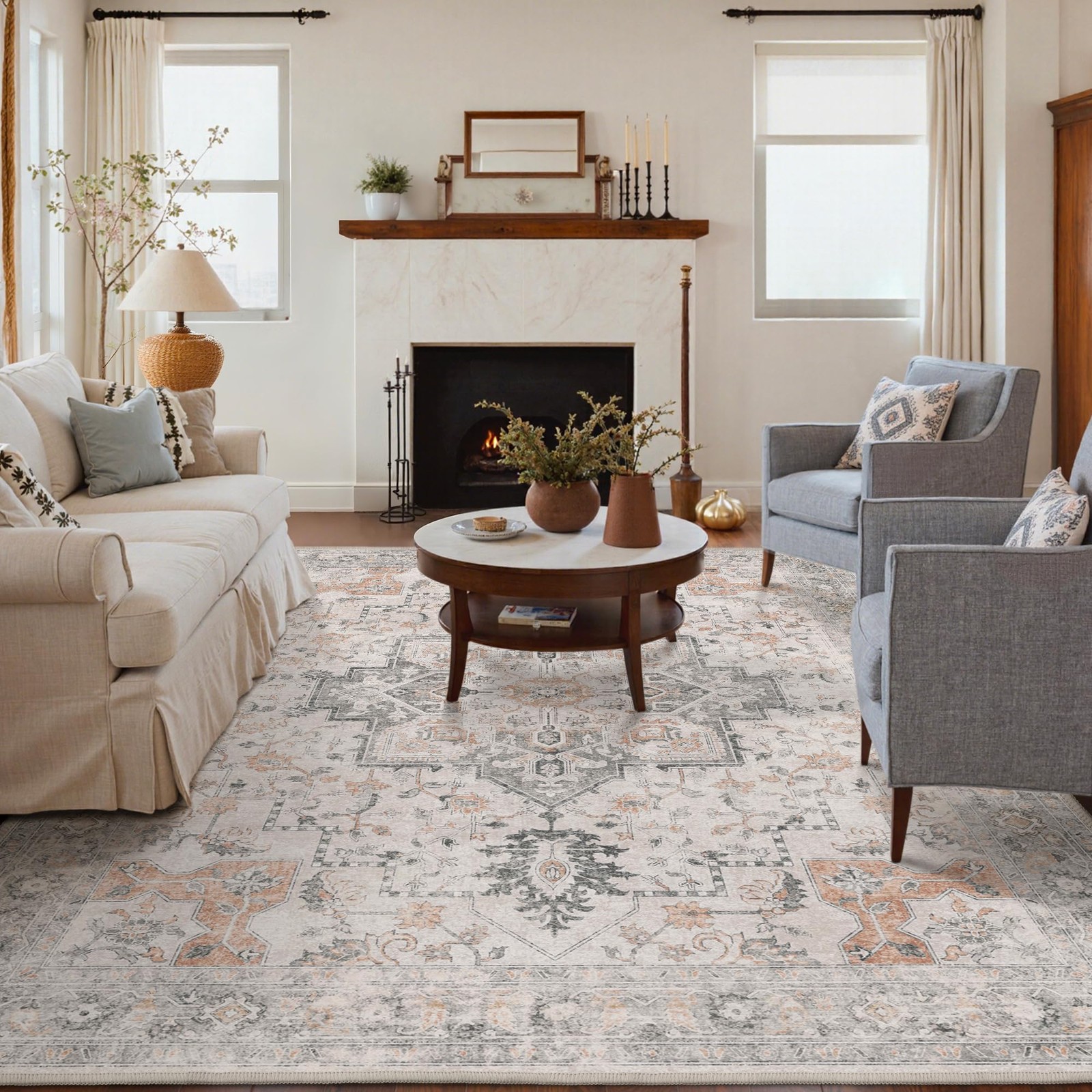 8×10 Washable Area Rugs for Living Room, Non Slip, Taupe