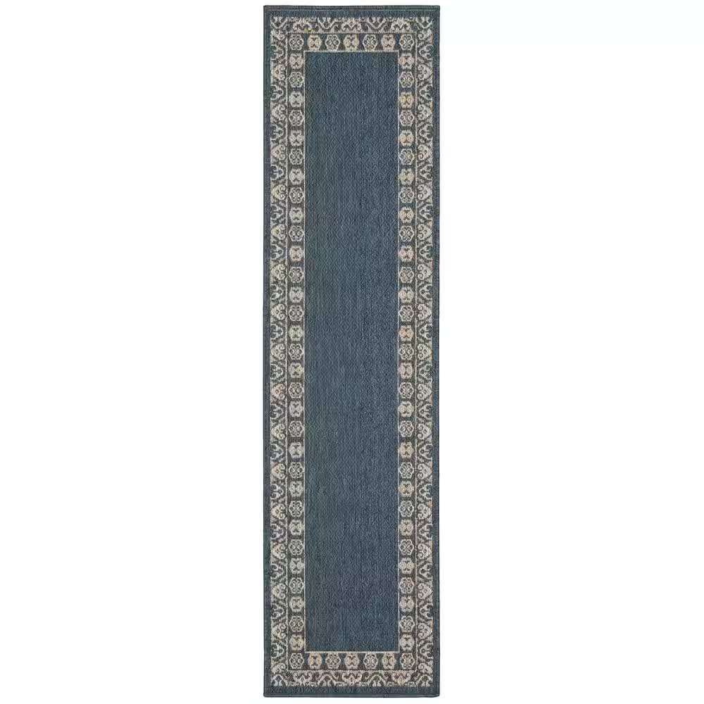 Bermuda Blue/Grey 2 Ft. X 8 Ft. Border Indoor/Outdoor Patio Runner Rug