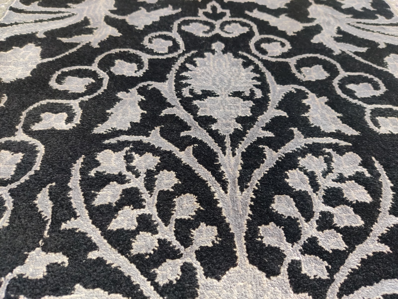 Vintage Hand Knotted Wool Rug for Bedroom Oriental Black Grey 70 x 140 cm