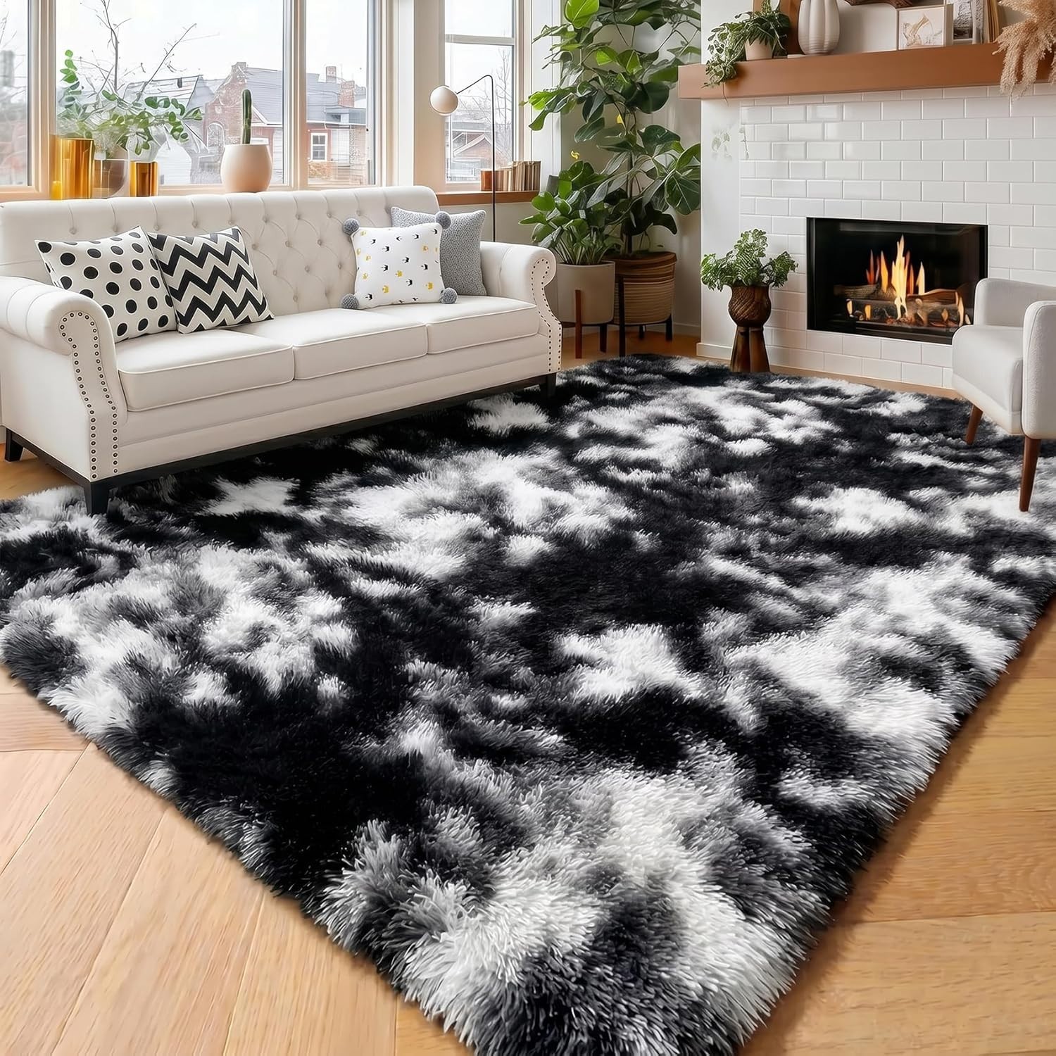 Soft Fluffy Area Rug, Black White Grey, 5×8