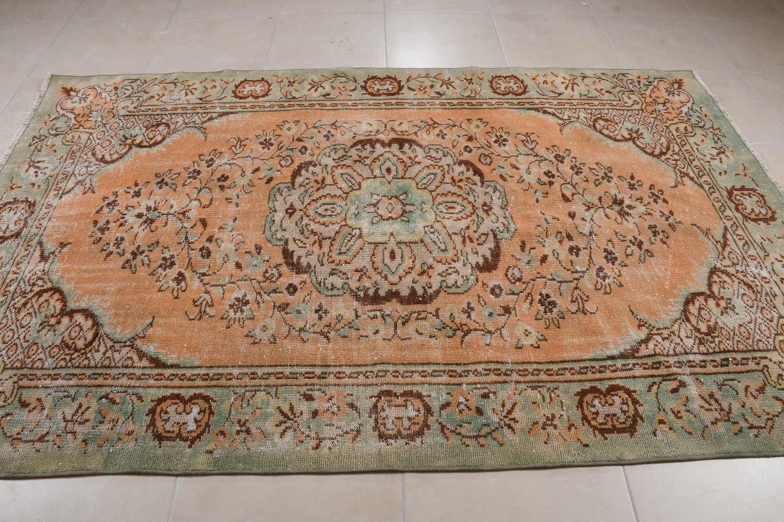 Vintage Turkish Large Rug 5,6×8,8 ft, Orange Wool Rug