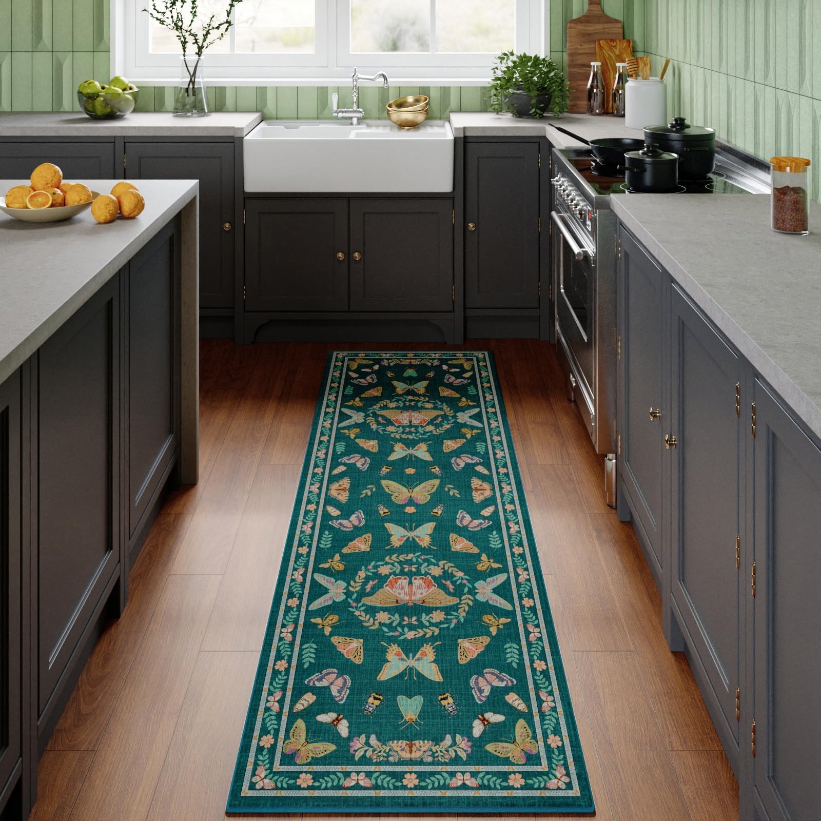 2×6 Dark Blue Runner Rug, Washable Non Slip Insect Botanical Rug for Hallway,…