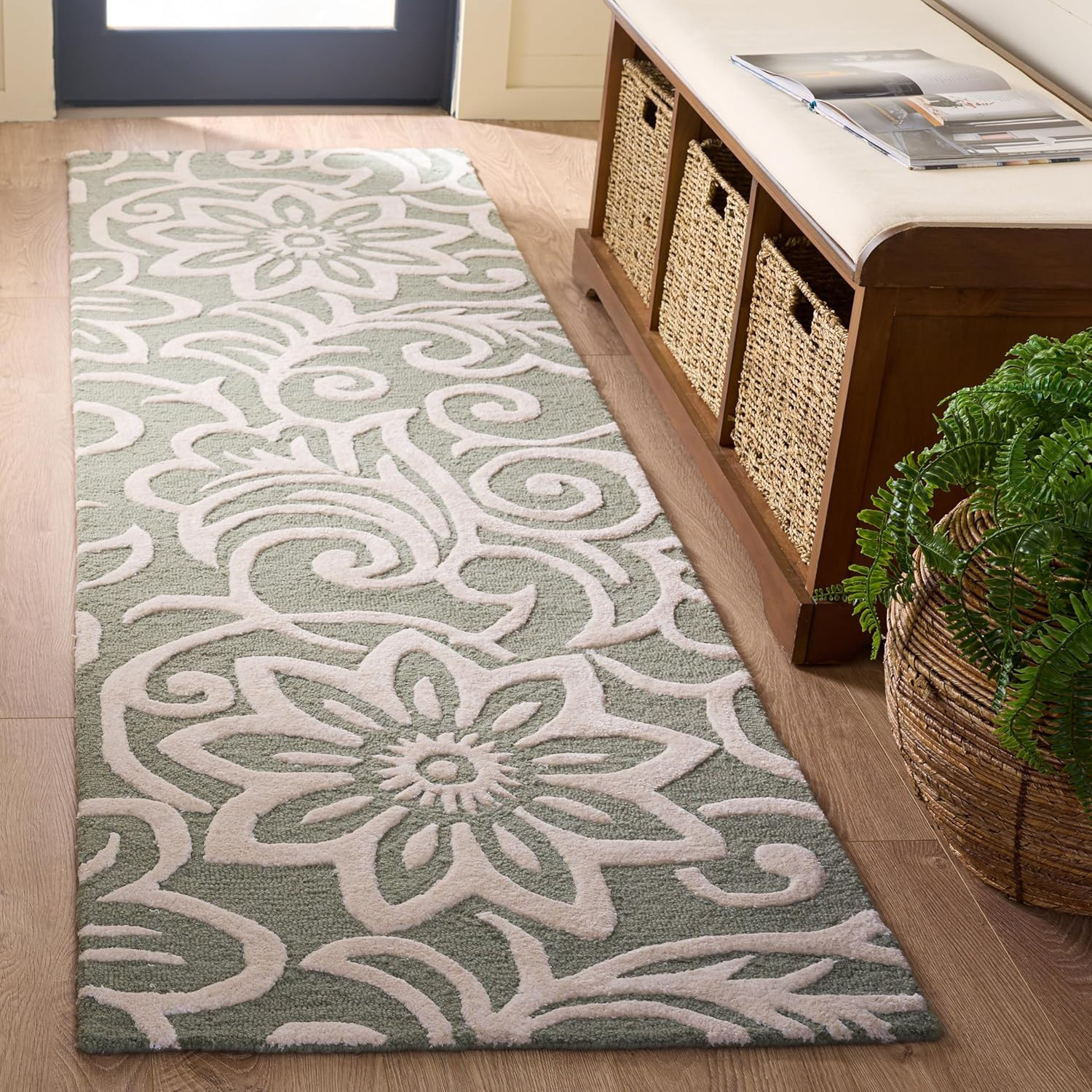 Glamour Collection Runner Rug 2’3″x8′ Sage Green & Ivory Handmade Wool