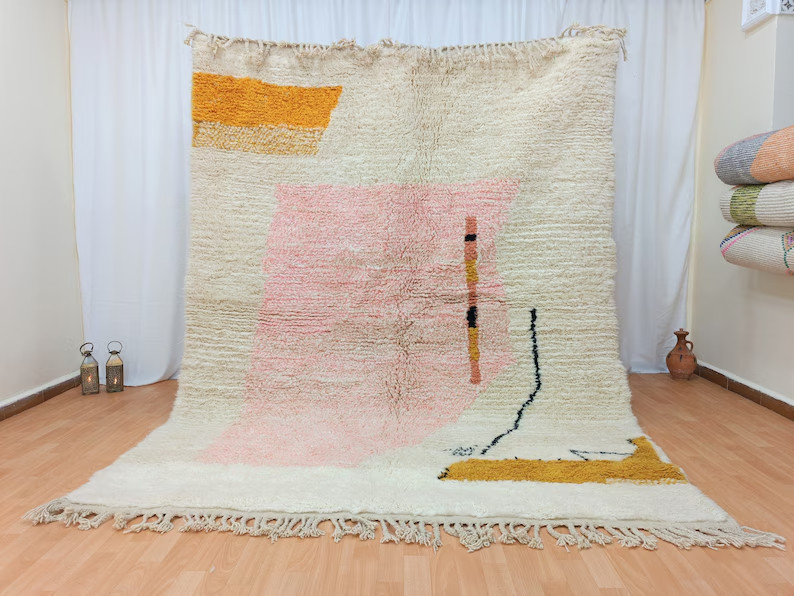 Artistic Moroccan Rug, Handmade Rug, White Pink Rug, Moroccan Carpet