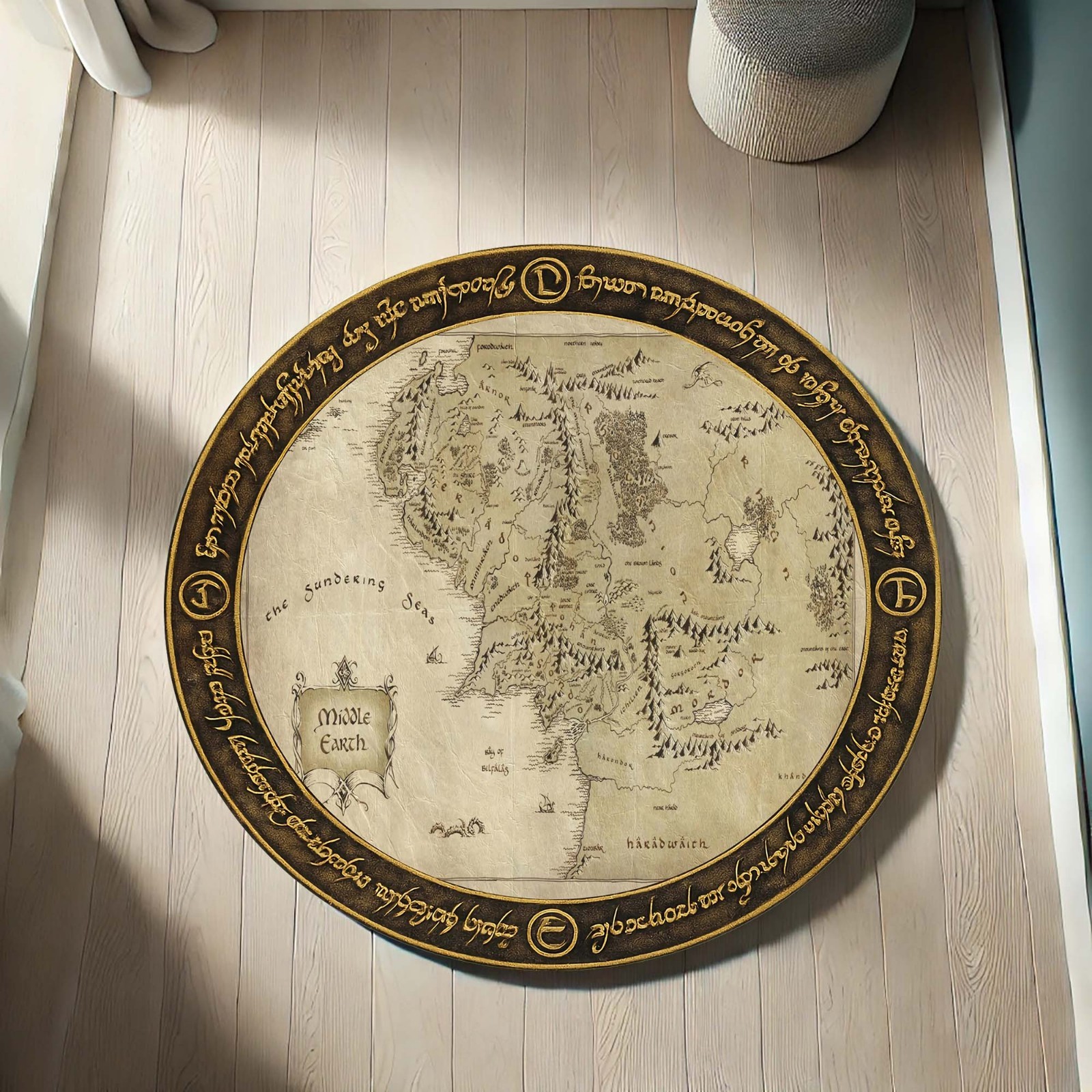 Middle Earth Rug, Fantasy Round Rug, Room Decor, Middle Earth Style Mat, Geeky