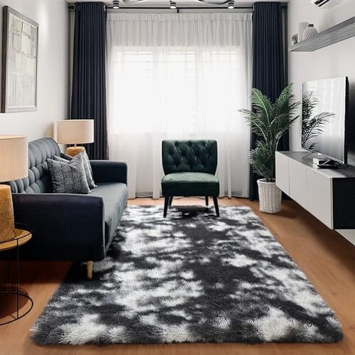 Area Rug for Bedroom,Fluffy Modern Rug for Living 4×6 Feet Black White Grey