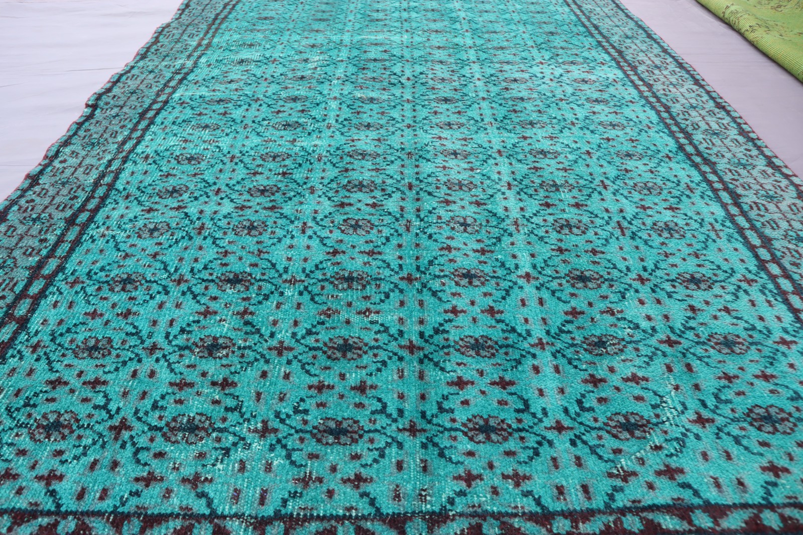 Turquoise Overdyed Rug 5’6×7’10 ft Afghan Handmade Floral Low Pile Kitchen Rug