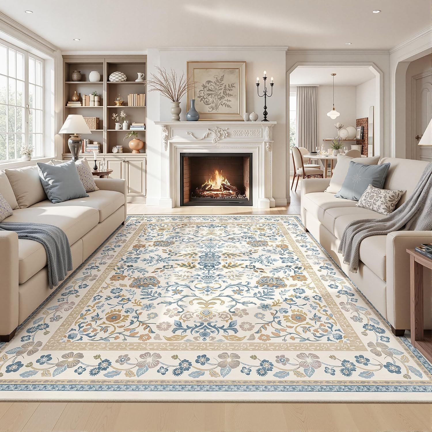 Handcrafted 8×10 Area Rug, William Morris Style Floral & Cream Style (NEW)