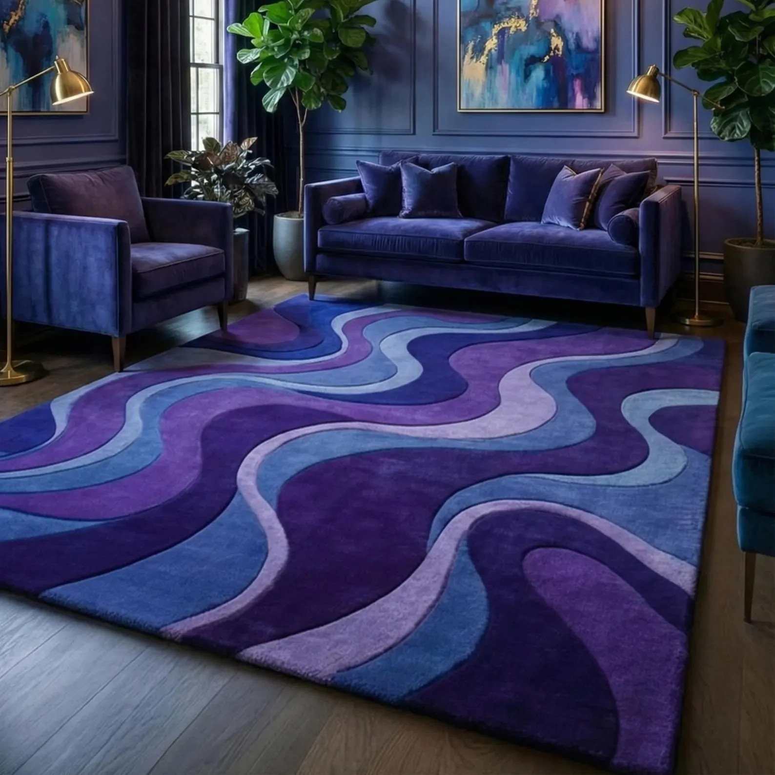 Hand Tufted Wool Abstract Wave Area Rug Modern Violet Blue Carpet