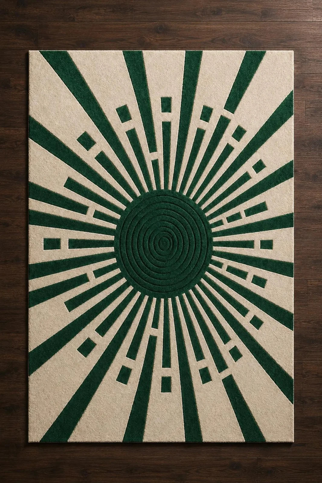 Hand Tufted Emerald Green Sunburst Rug, Mid Century Modern Geometric Wool Carpet
