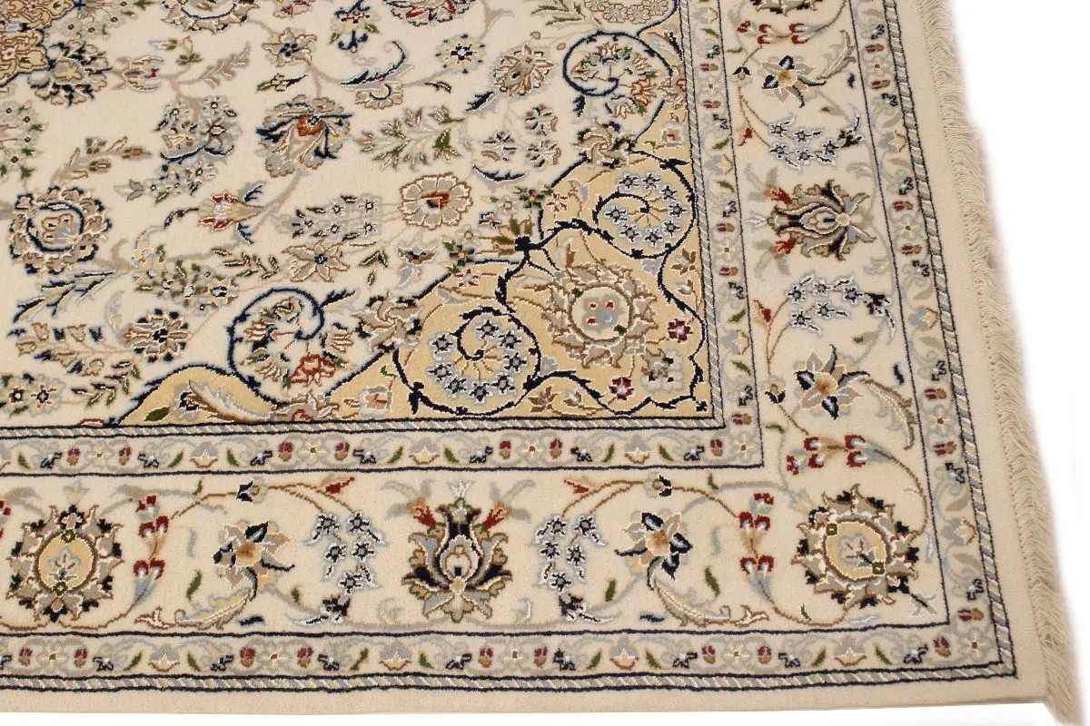 Extra Fine Hand-Knotted Indo-Nain Oriental Rug Large Cream Floral Carpet 6X9 ft
