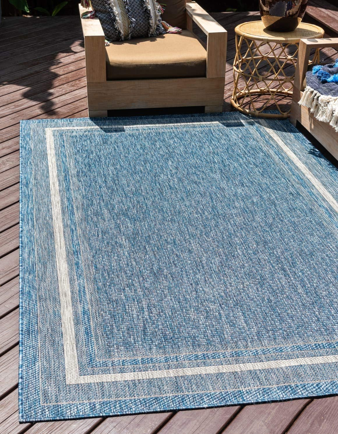 Soft Blue/Ivory Outdoor Border Area Rug – 7’1″ x 10′ Rectangle