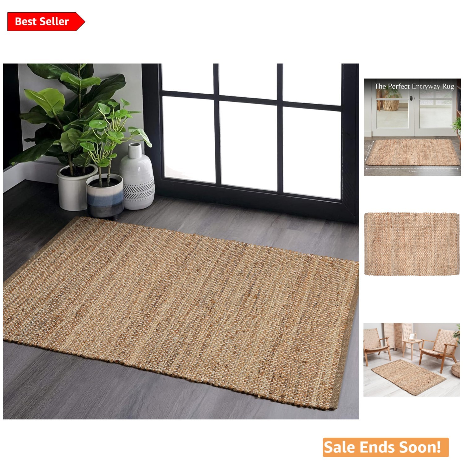 Natural Hand Braided Jute Rug for Indoor Outdoor Use 24×36 Inches Durable Boh…