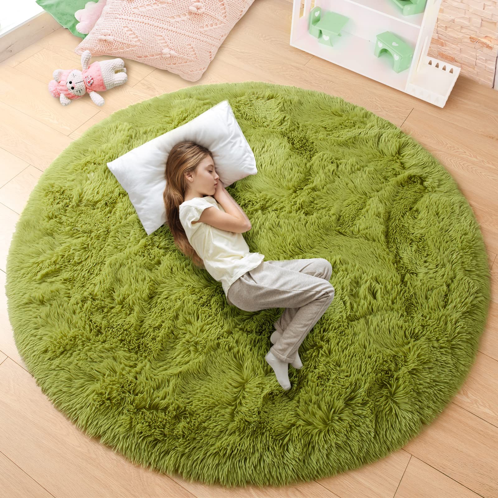 Round Rug, 4ft, Green, Soft Area Rugs for Kids Girls Room Decor, Fluffy Shagg…