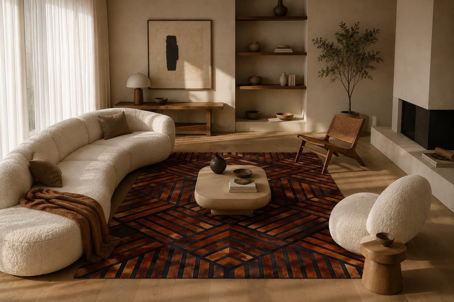 Hand Tufted Modern Geometric Area Rug – Brown & Black Abstract Wool Carpet – Lux