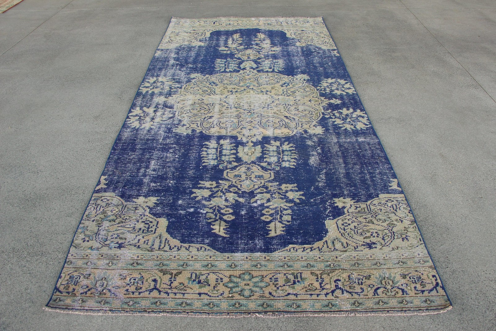 Turkish Vintage Rug 4,8×10,1 ft (145×307 cm), Blue Oriental Wool Rug
