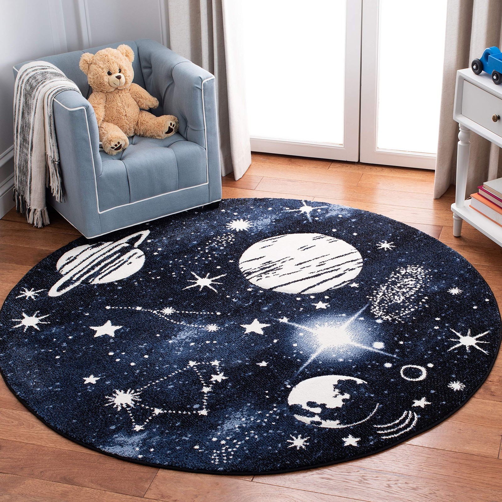 Carousel Kids Collection Area Rug – 5’3″ Round, Dark Blue & Light Blue, Non-S…