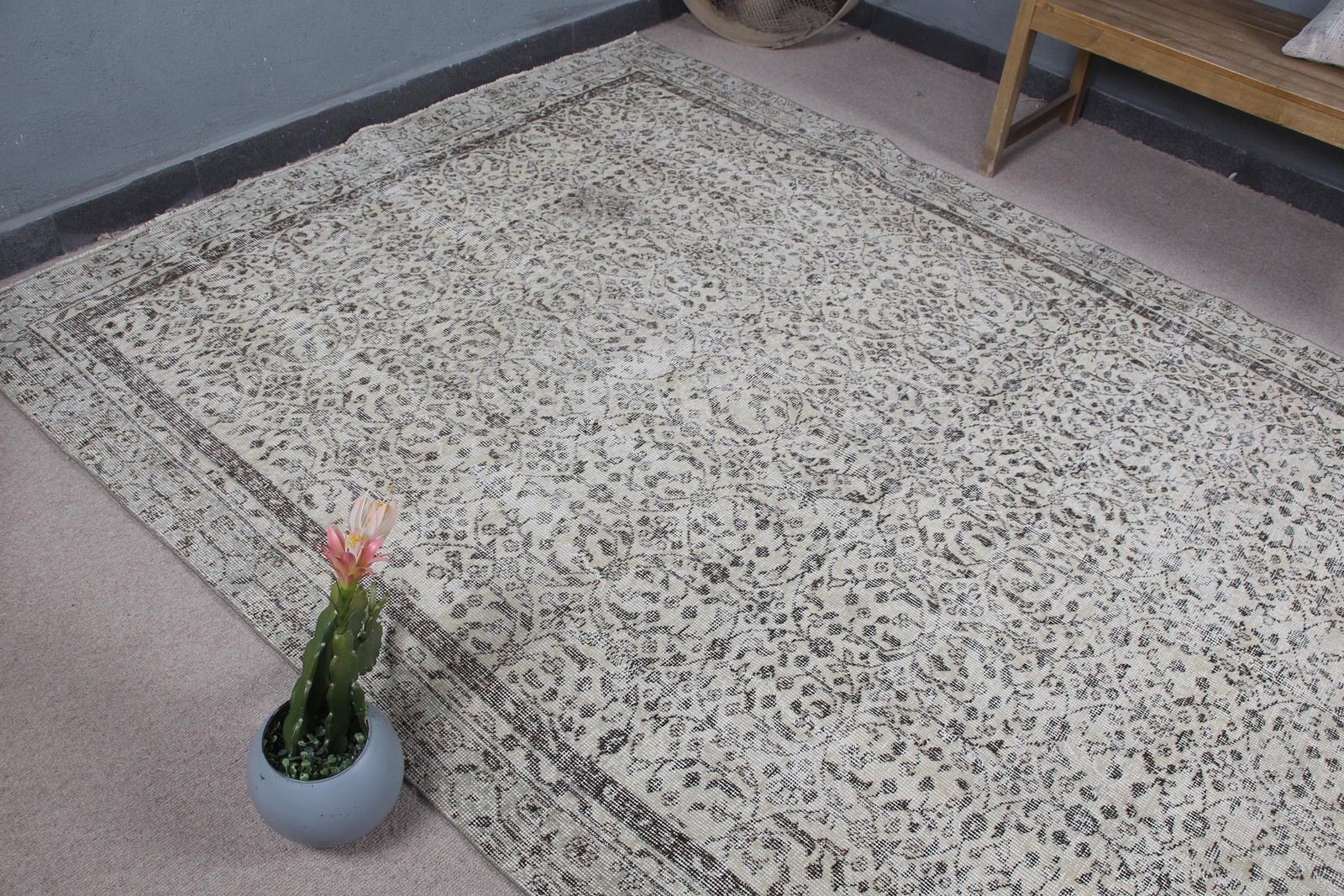 Turkish Rug, Large 6,4×10,4 ft Vintage Rug, Gray Brown Handmade Wool Rug