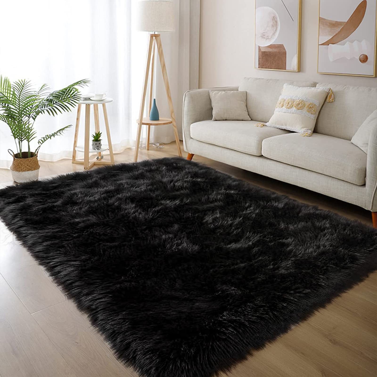 Black Faux Fur 4’x5’10” Area Rug, Soft Plush Faux Fur Sheepskin Rugs for Livi…