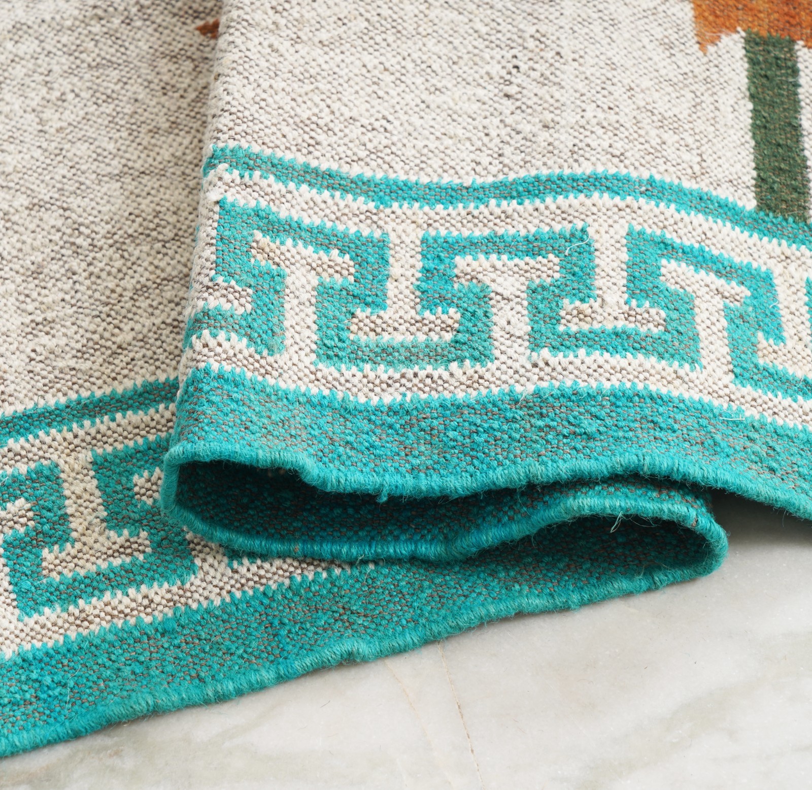 Handwoven Wool Jute Kilim Rug, Rust Brown & Natural Ivory Starburst Area Rug