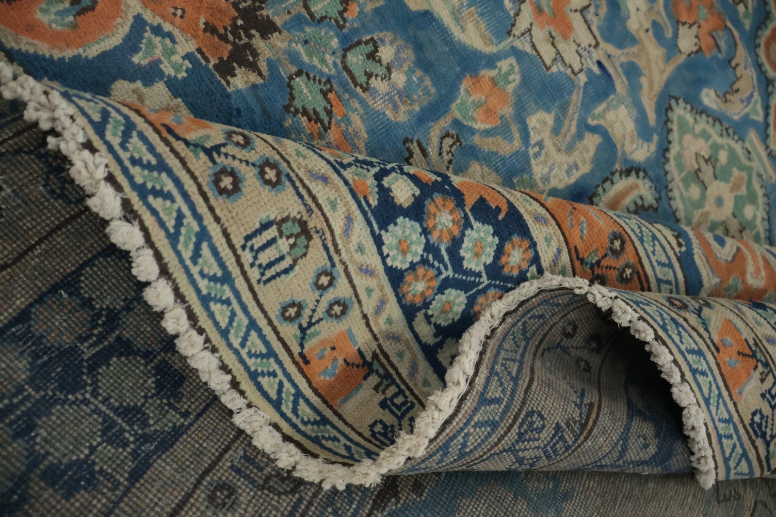 Blue/ Orange Traditional Area Rug 7×9 Vintage Hand-knotted Wool Over-dyed