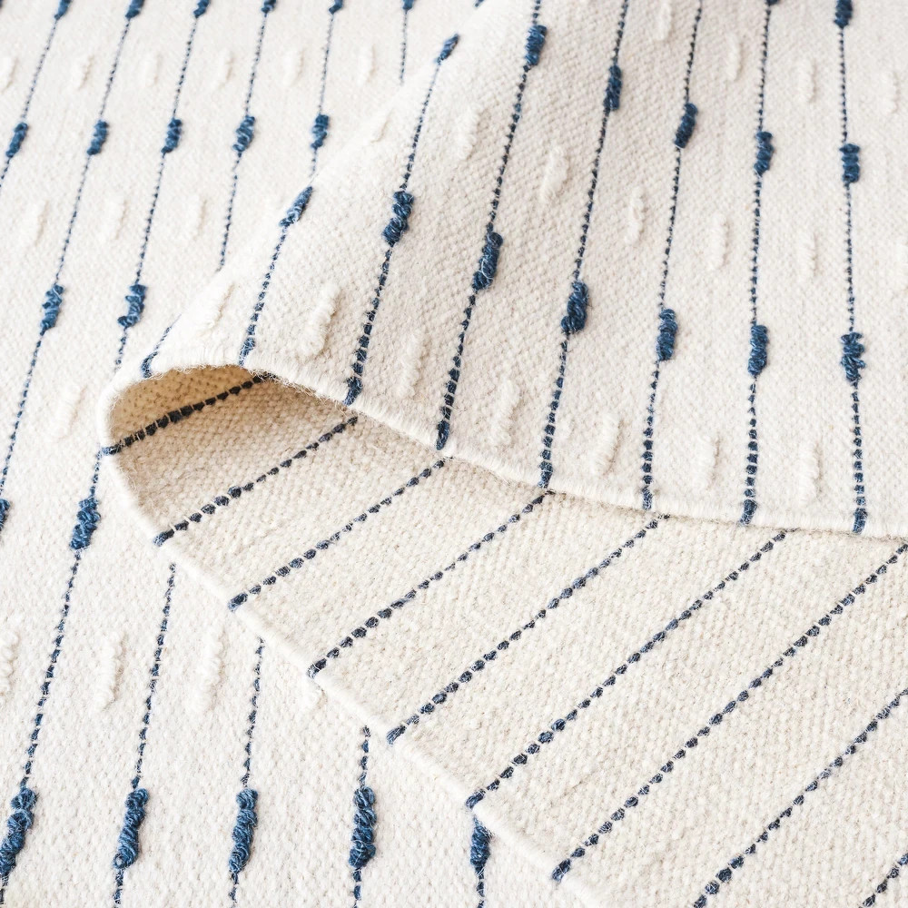 Vintage Handwoven Swedish Wool Kilim Rug – Blue Striped Flatweave Carpet Large