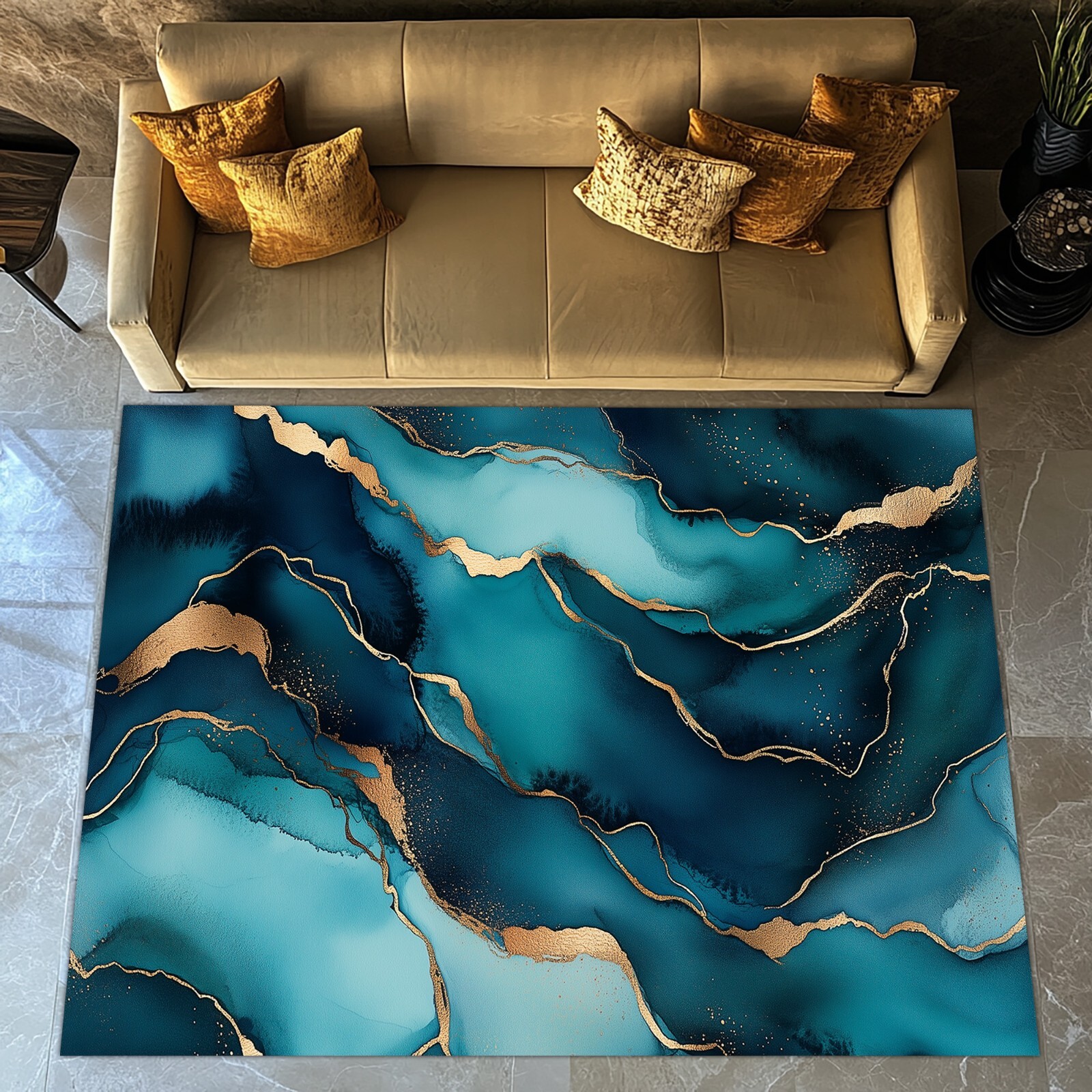 Marble Rug, Blue Gold Marble Rug, ,Gift Marble Rug,Marble Design Rug,Marble