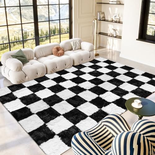 Black and White Checkered Rug 9×12, Shag Area Rug for Living Room or 9X12 Feet
