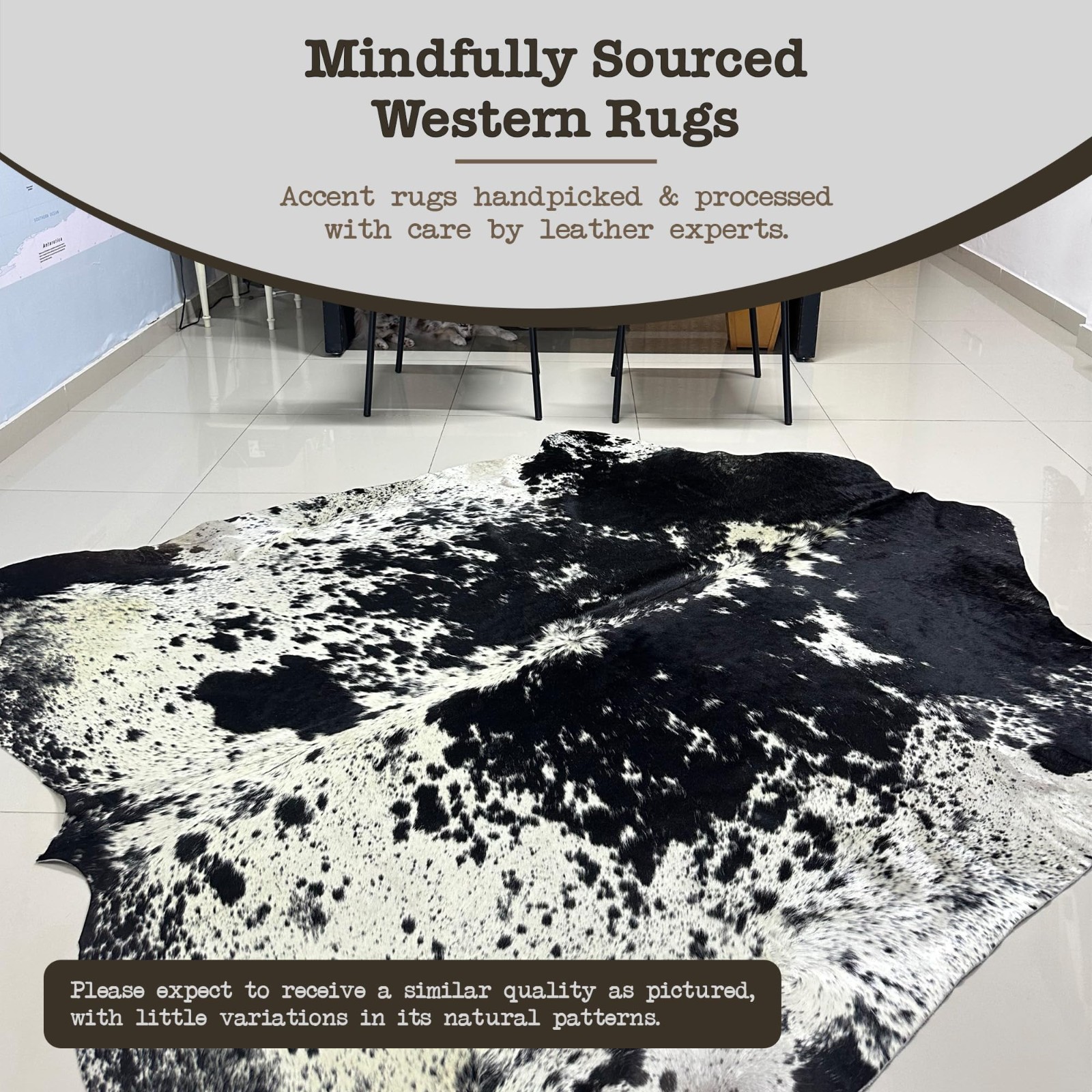 5×7 ft Black Speckled Cowhide Rug –100% Genuine Leather–Best Price Luxury Décor