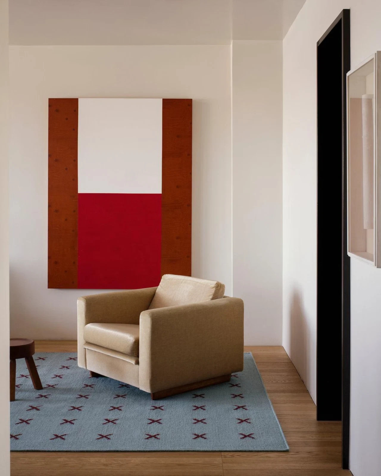 Handwoven Blue and Burgundy Wool Rug: Cross Scandinavian Modern Minimalist Rug