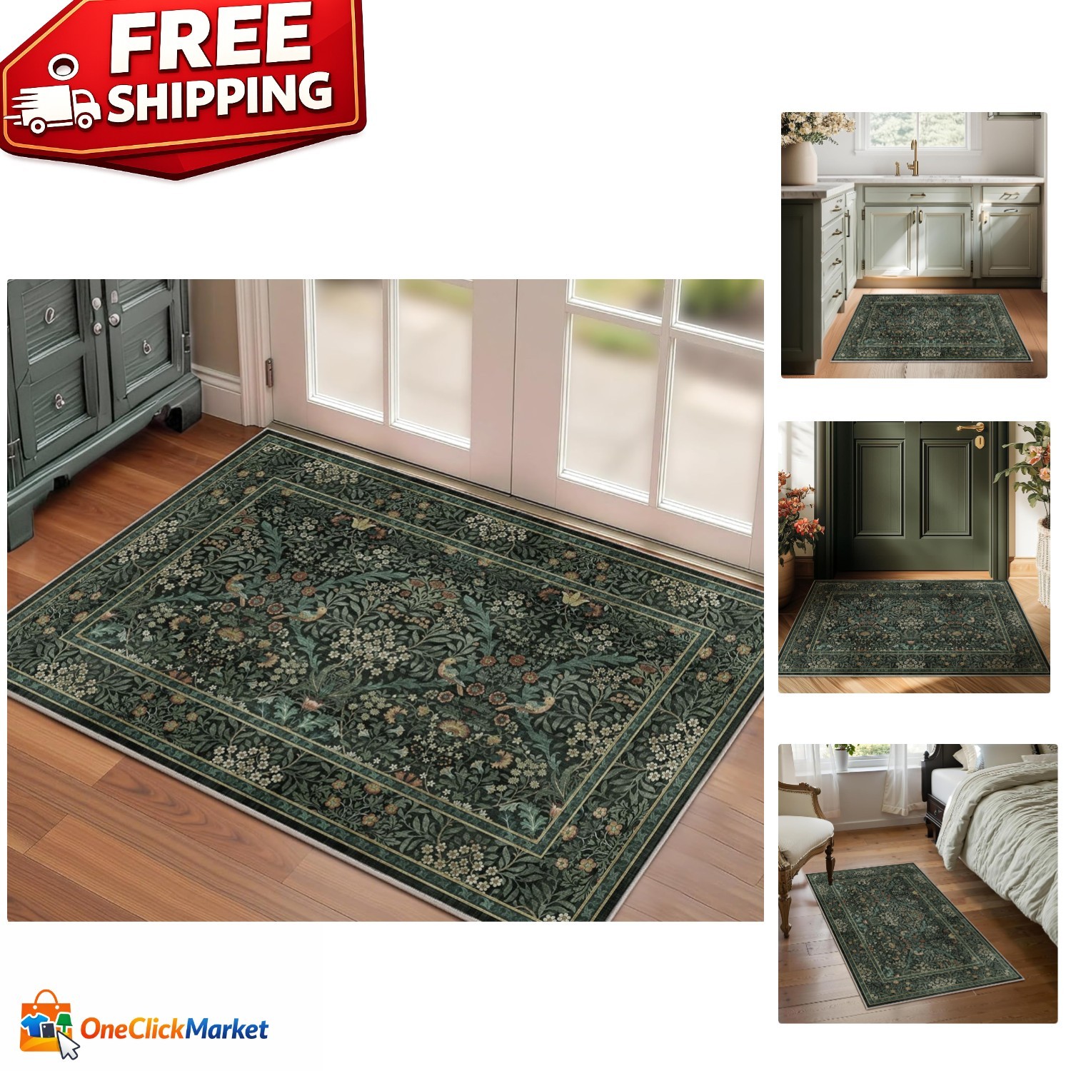 Kids & Pets Friendly Dark Green Floral Rug – Machine Washable 2×3 Area Carpet