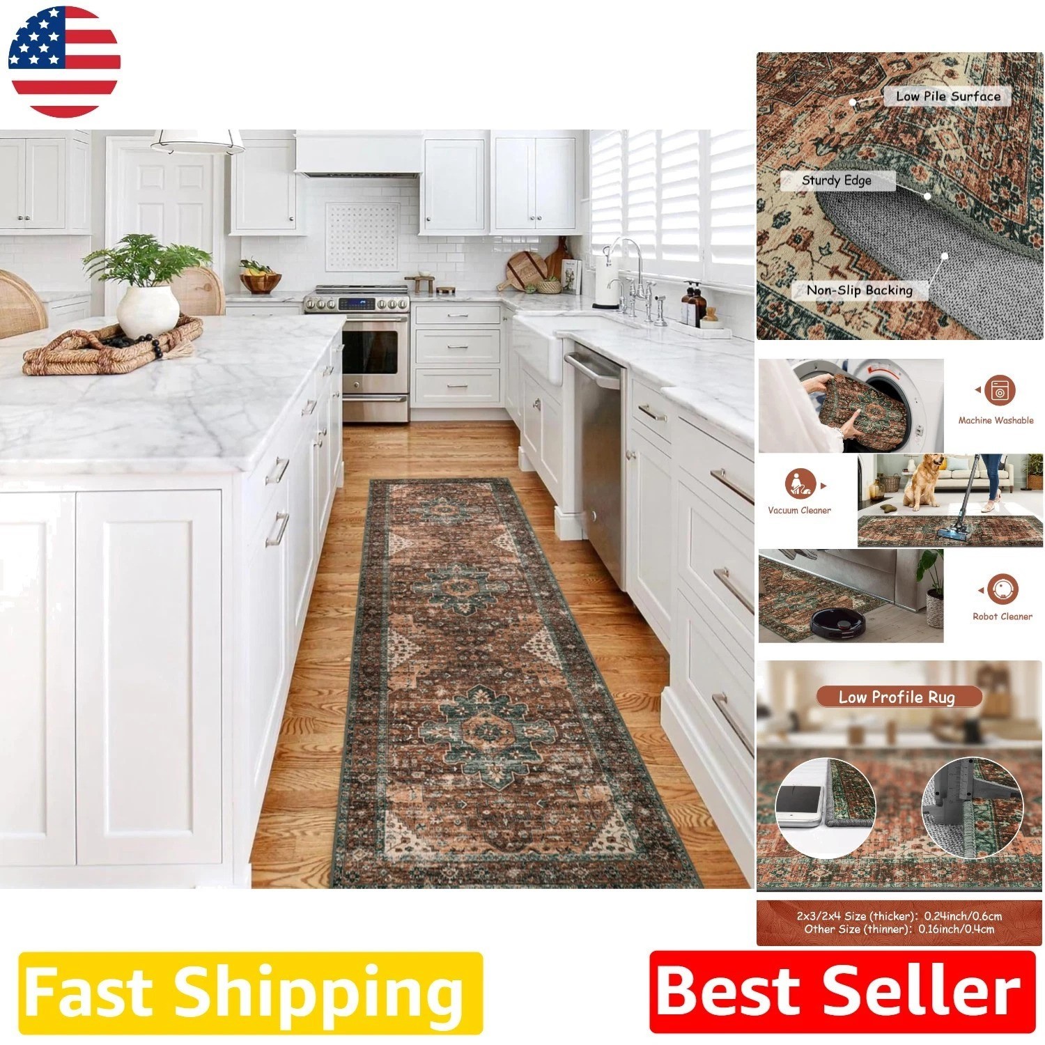 Stain Resistant 2’6″x8′ Runner Rug Vintage Oriental Medallion Brick Red Low Pile